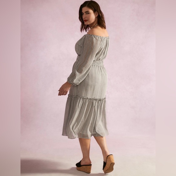 Long Sleeve Off the Shoulder Gingham Midi Dress 2X - Picture 3 of 7